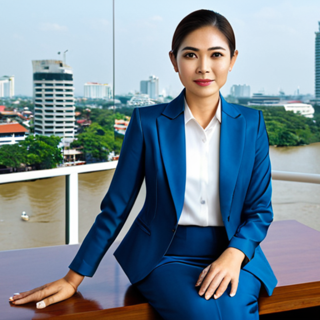 **

A professional businesswoman in a modest Thai silk business suit, sitting at a teak desk in a modern Bangkok office with a view of the Chao Phraya River, fully clothed, appropriate attire, safe for work, perfect anatomy, natural proportions, professional photography, high quality, family-friendly.

**