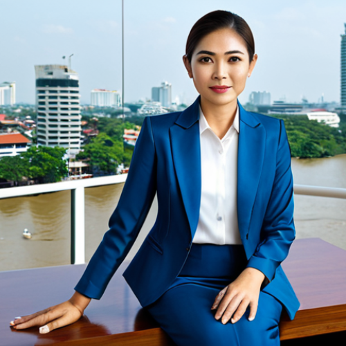 **

A professional businesswoman in a modest Thai silk business suit, sitting at a teak desk in a modern Bangkok office with a view of the Chao Phraya River, fully clothed, appropriate attire, safe for work, perfect anatomy, natural proportions, professional photography, high quality, family-friendly.

**
