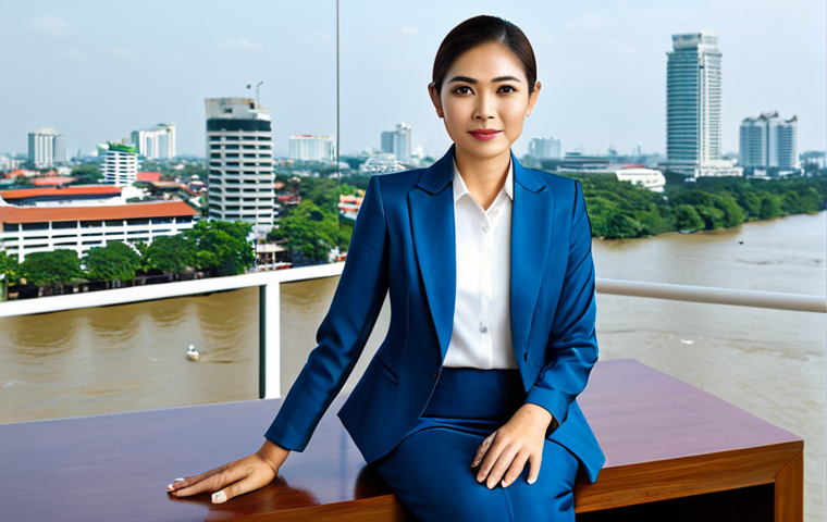 **

A professional businesswoman in a modest Thai silk business suit, sitting at a teak desk in a modern Bangkok office with a view of the Chao Phraya River, fully clothed, appropriate attire, safe for work, perfect anatomy, natural proportions, professional photography, high quality, family-friendly.

**