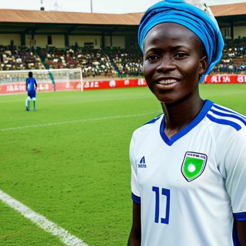 **

"A portrait of a fully clothed Uma Turay, a professional soccer player and symbol of hope for Sierra Leone, in modest national team attire, on a vibrant soccer field with cheering fans in the background, safe for work, appropriate content, perfect anatomy, natural proportions, professional photography, high quality, family-friendly."

**