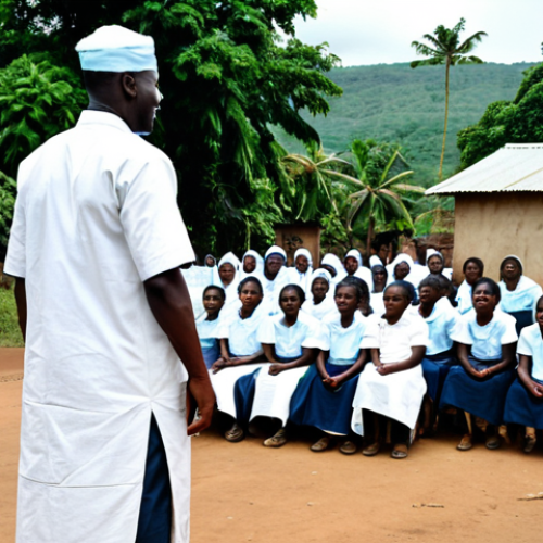 **

"A community health worker in Sierra Leone, fully clothed in professional attire, providing health education to a group of women and children in a village setting, modest clothing, appropriate content, safe for work, perfect anatomy, natural proportions, documentary photography, high quality."

**