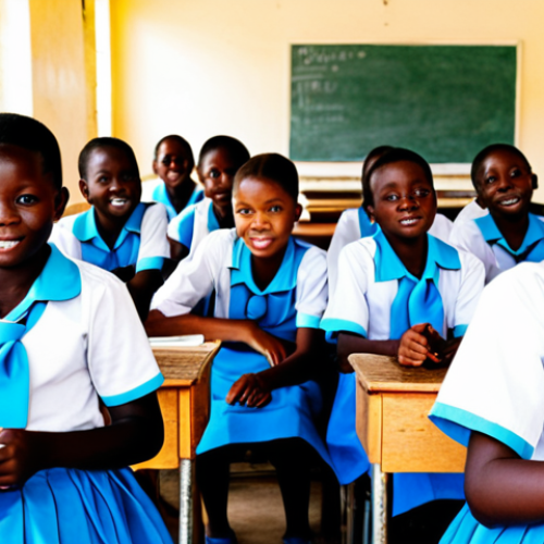 **Prompt:** A group of children in Sierra Leone, fully clothed in school uniforms, sitting at desks in a bright and cheerful classroom, appropriate content, safe for work, perfect anatomy, natural proportions, high-quality photograph, professional setting, educational environment, modest attire, family-friendly.